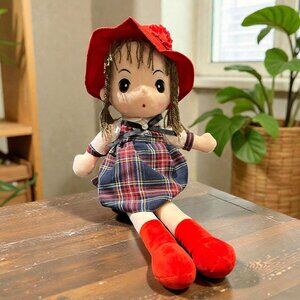 Soft Anime Rag Doll with Red Hat & Plaid Outfit, Handmade Style Cloth Doll